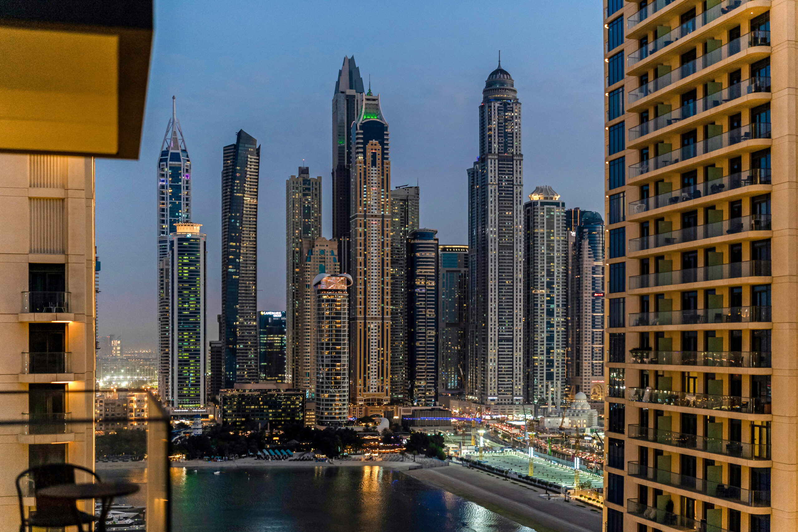 Dubai marina balcony view from 2BHK holiday home property managed by Rovehaven